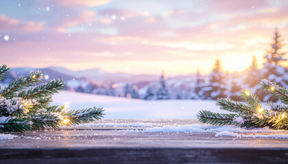 Snowy christmas pine trees landscape under a cold winter blue sky
