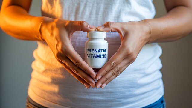 Woman holding prenatal vitamins bottle in heart shape gesture symbolizing pregnancy health
