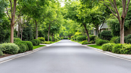 Obraz premium Tree lined residential street with manicured hedges and verdant summer foliage