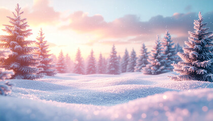 Beautiful snowy winter landscape scene with sunlit fir trees and frosted mountains
