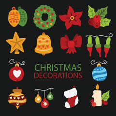 A decorative assortment of Christmas ornaments on a dark backdrop, featuring holly, bows, stars, stockings, candles, bells, and cookies. Bright, charming, and ideal for festive creative projects.