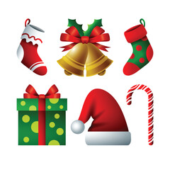 Collection of festive Christmas accessories including stockings, bells, gifts, Santa hat, and candy cane. Suitable for cards, crafting, digital invitations, and holiday decorations.