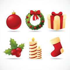 Set of Christmas objects including baubles, wreath, gifts, holly, candles, and stockings. A versatile festive collection ideal for seasonal graphics and holiday branding.