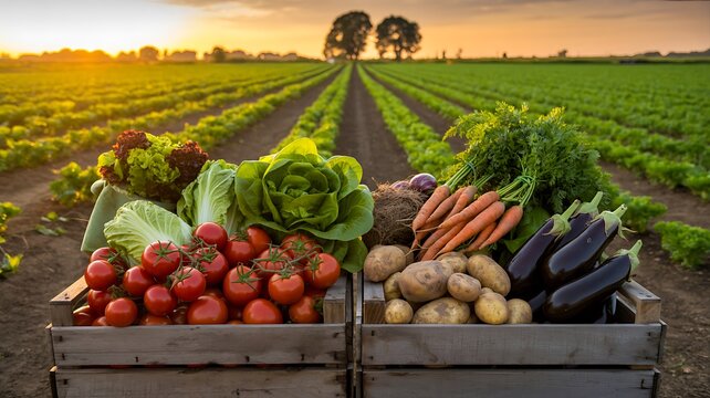Fresh organic vegetables harvested in crates set on farm field at sunset
 - Powered by Adobe