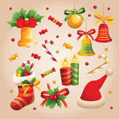 Colorful set of Christmas accessories including bells, candy canes, ribbons, candles, and Santa hat elements. Perfect for festive decoration projects and holiday crafting.