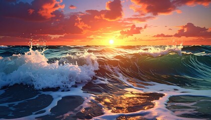 Ocean waves splash under sunset sky
