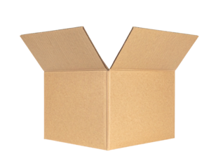 Open cardboard box, flaps up, angled