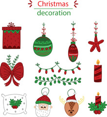 Collection of Christmas decoration items including baubles, ribbons, garlands, bows, and candles. Perfect for holiday crafts, stationery, cards, and festive graphic design projects.