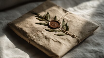 Gift wrapped in craft paper with wax seal and olive leaves tied by twine in morning sunlight perfect for eco packaging sustainable branding and handmade product visuals