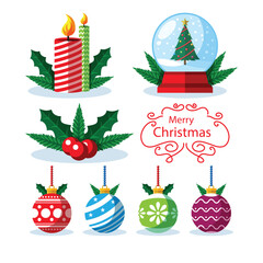 Set of colorful Christmas elements including candles, holly leaves, ornaments, and a snow globe. A bright festive collection ideal for cards, prints, and seasonal decoration projects.