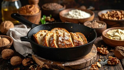 Sliced bread in a skillet display