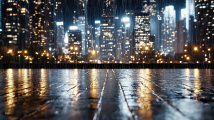 Fototapeta premium Rainy city street at night with glowing bokeh lights and reflective wet pavement
