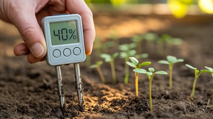 Soil moisture meter measuring humidity level near growing seedlings in garden