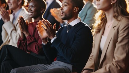 Diverse group of executive applauding at business conference, showing support and achievement. Concept for business presentation, success celebration and corporate event