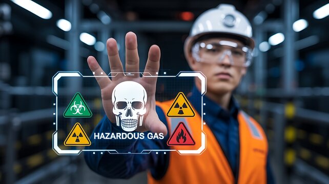 Industrial worker using virtual hazard interface to detect dangerous toxic gas warning
 - Powered by Adobe