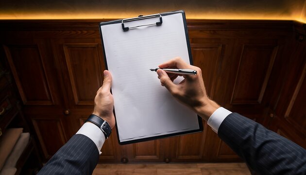 POV shot of a male investment banker's hands writing on a clipboard with a pen. Concept for business planning, financial reports and contract signing