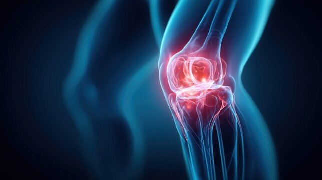 Anatomical illustration of a human knee joint with highlighted pain