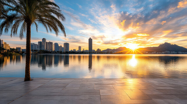 Sunset city skyline palm tree reflection on calm waterfront promenade glowing warmth