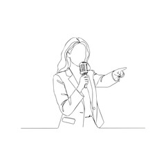 Continuous one line drawing of a female journalist holding a microphone and pointing. News reporter broadcasting concept in a minimalist vector art style.
