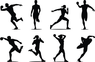 Collection of athletic sports action silhouettes featuring men and women running, jumping, throwing, and training in dynamic movement poses, vector illustration set