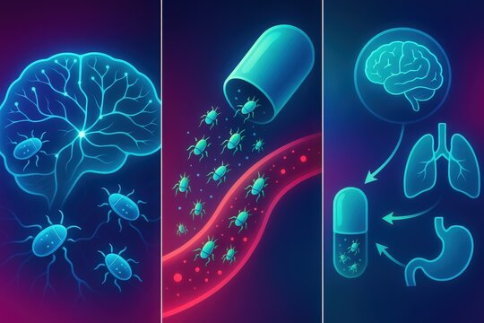 Neural pathways, microbiome interactions, and pill mechanisms represented through vibrant digital illustrations expressing interconnected health systems