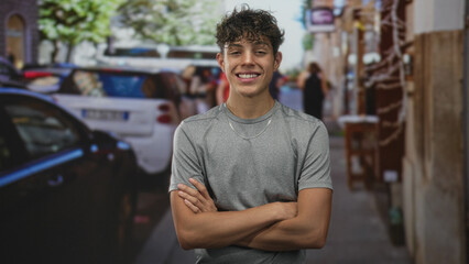 Teenage man standing with arms crossed and smiling on a busy street wearing gray tshirt and silver...