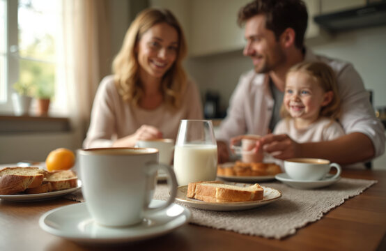 Smiling family enjoys breakfast at kitchen table. Mother, father, young child share morning meal. They drink coffee, milk, eat toast, orange fruit. Happy home moment, cozy domestic life. - Powered by Adobe