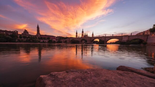 Atardecer colorido en Zaragoza en el Ebro y bas&iacute;lica del Pilar