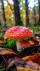 Red-capped, speckled mushroom in fall