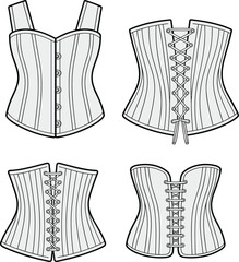 Vector technical fashion drawing of women’s corset with front busk closure and multiple back lace-up variations, detailed seams, boning, and garment template