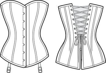 Vector technical drawing of women’s corset with front busk closure and back lace-up design, detailed seams, boning lines, and lingerie garment template