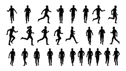 Running and jogging people silhouettes isolated on white background, Vector