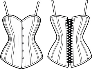 Women’s corset technical drawing featuring front button closure and back lace-up design, detailed seams, garment structure, sewing pattern, and lingerie fashion illustration
