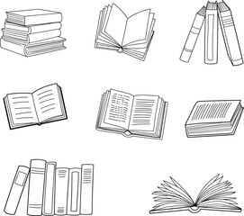 Hand-drawn book illustrations set, including open books, stacked books, standing books, and sketch style reading icons, perfect for education, library, and learning themes