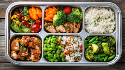 Healthy mixed bento lunch with rice broccoli chicken edamame avocado