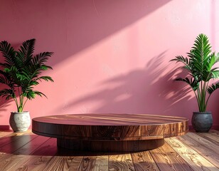 Pink wall, wood floor, table, palms