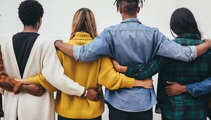 Rear view of diverse business team embracing each other, showing unity. Concept for teamwork achievement, business success and partnership building