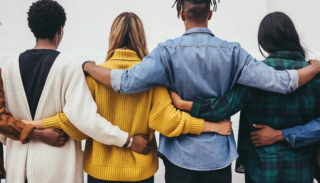 Rear view of diverse business team embracing each other, showing unity. Concept for teamwork achievement, business success and partnership building