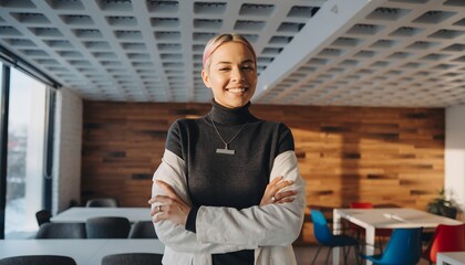 Smiling businesswoman with crossed arms in modern office looking at the camera, concept for company leadership, recruitment and management