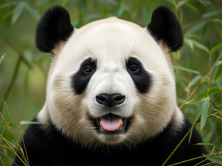 Naklejka premium giant panda eating bamboo, Happy giant panda smiles with open mouth, showing pure joy. Cute wild animal poses within natural bamboo habitat. Beautiful mammal iconic black, white fur, truly lovely wild