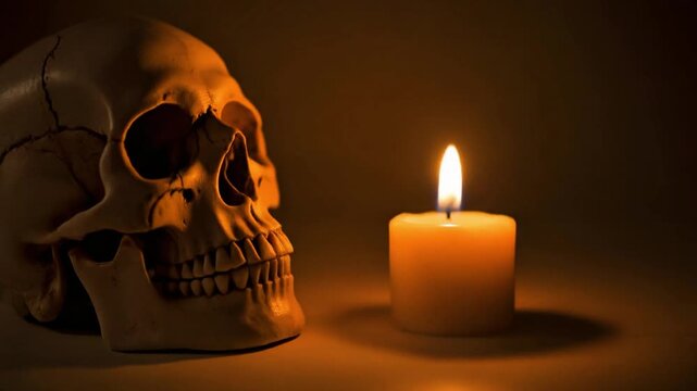 Skull lit by single candle flame, warm shadow play, moody aesthetic