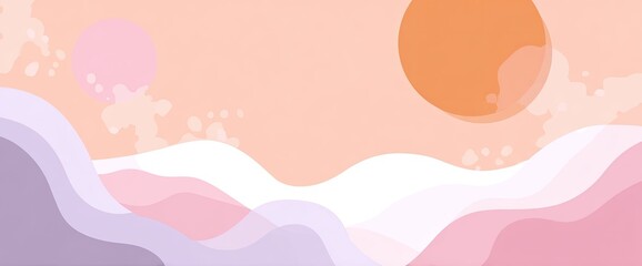 Abstract pastel landscape with layered hills and two celestial bodies in a soft sky