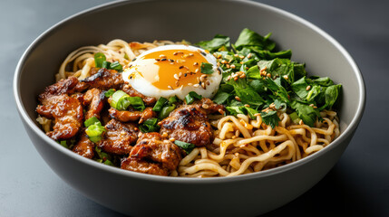 Grilled pork noodle bowl with soft egg and greens, savory Asian comfort food
