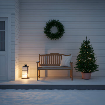 A serene winter scene featuring a decorated porch with a bench, Christmas tree, and wreath.