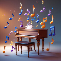 Piano stool 3d notes floating in air classical music concept