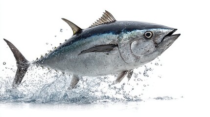 Obraz premium Tuna fish jumps out of water making a splash on a white background, showcasing its vibrant colors and dynamic movements in a striking display of marine life