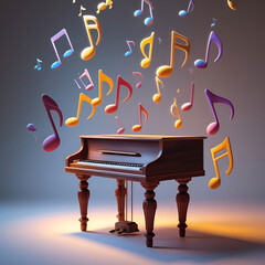 Piano stool 3d notes floating in air classical music concept