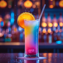 Rainbow cocktail with straw and slice of orange trendy alcoholic drink in stemmed glass