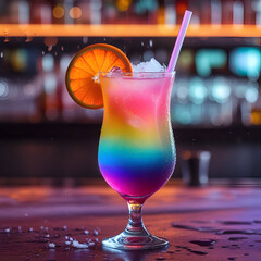 Rainbow cocktail with straw and slice of orange trendy alcoholic drink in stemmed glass