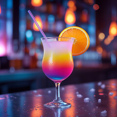 Rainbow cocktail with straw and slice of orange trendy alcoholic drink in stemmed glass